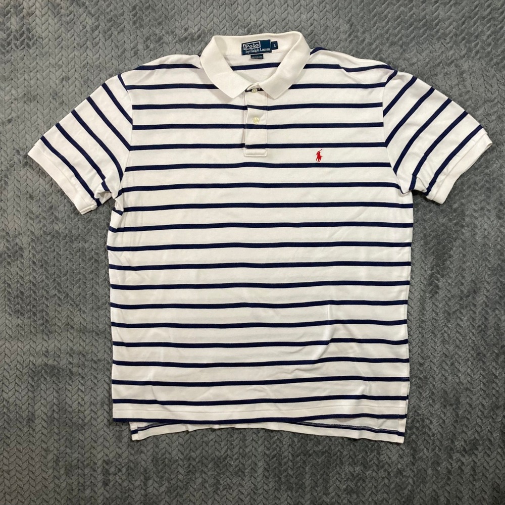 Polo Ralph Lauren Polo Shirt Mens L Striped White Navy Blue